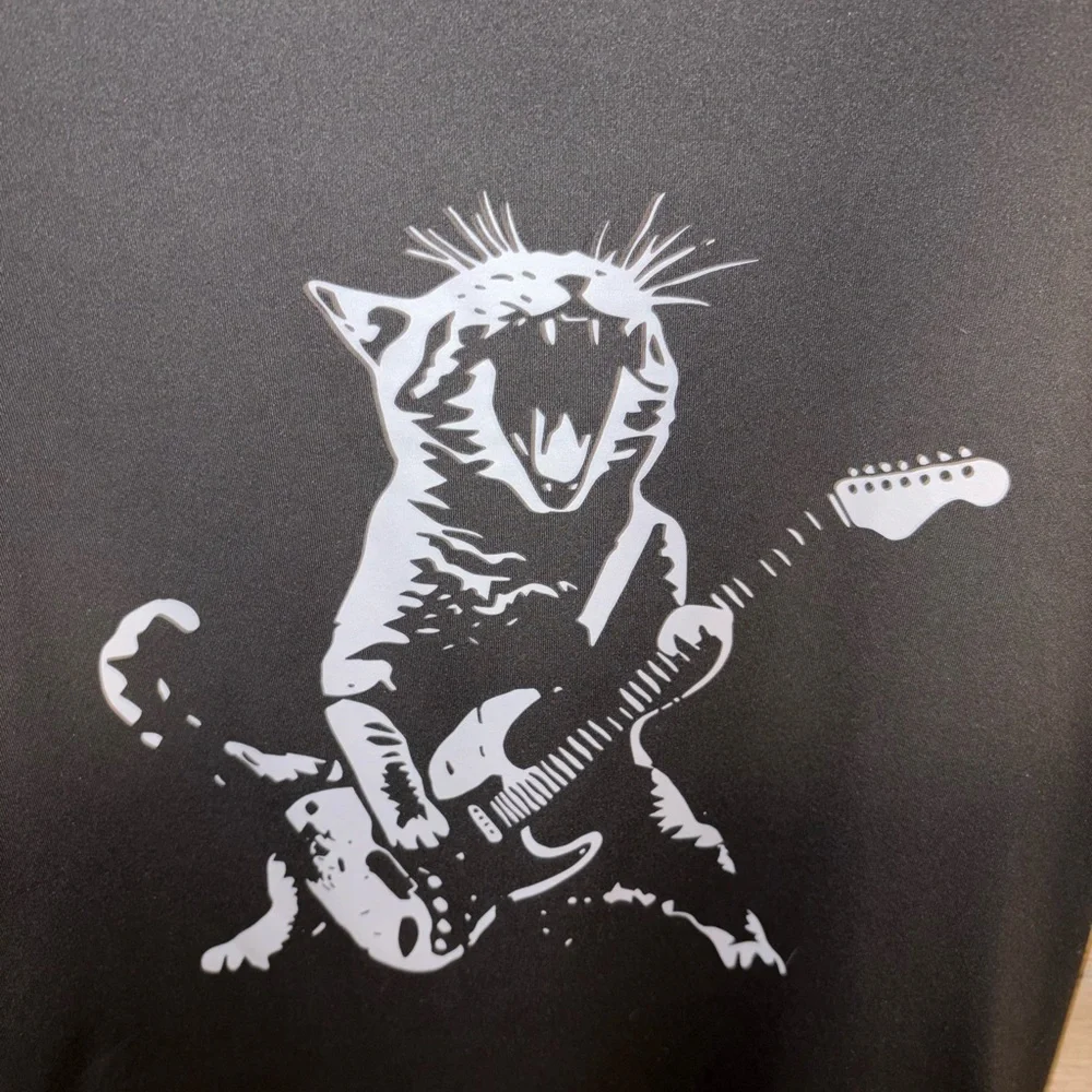 Black Cat Guitar Graphic Pet-Themed Tee -